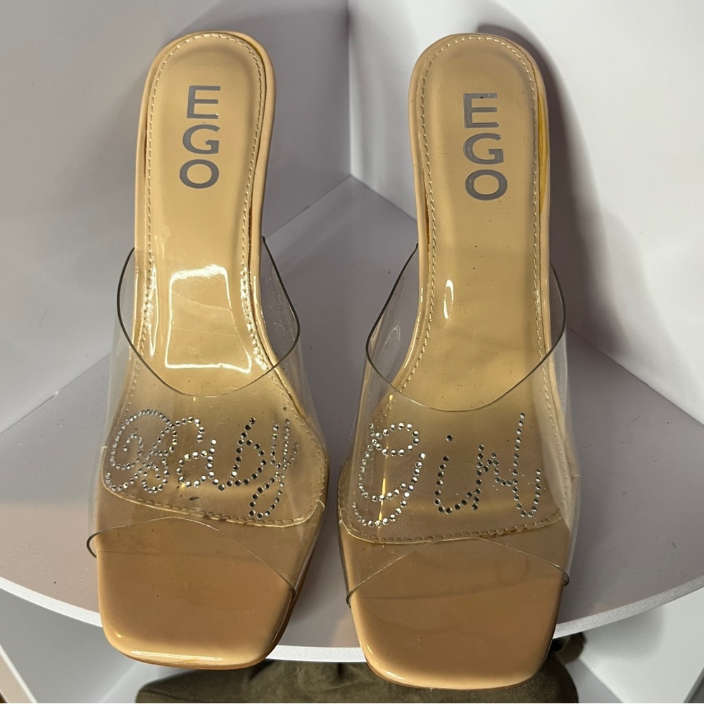 Ego Clear Nude “Baby Girl” Rhinestone Bedazzled Square Toe Heels Size 6UK